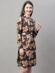 Women Black Printed A-Line Dresses With Belt