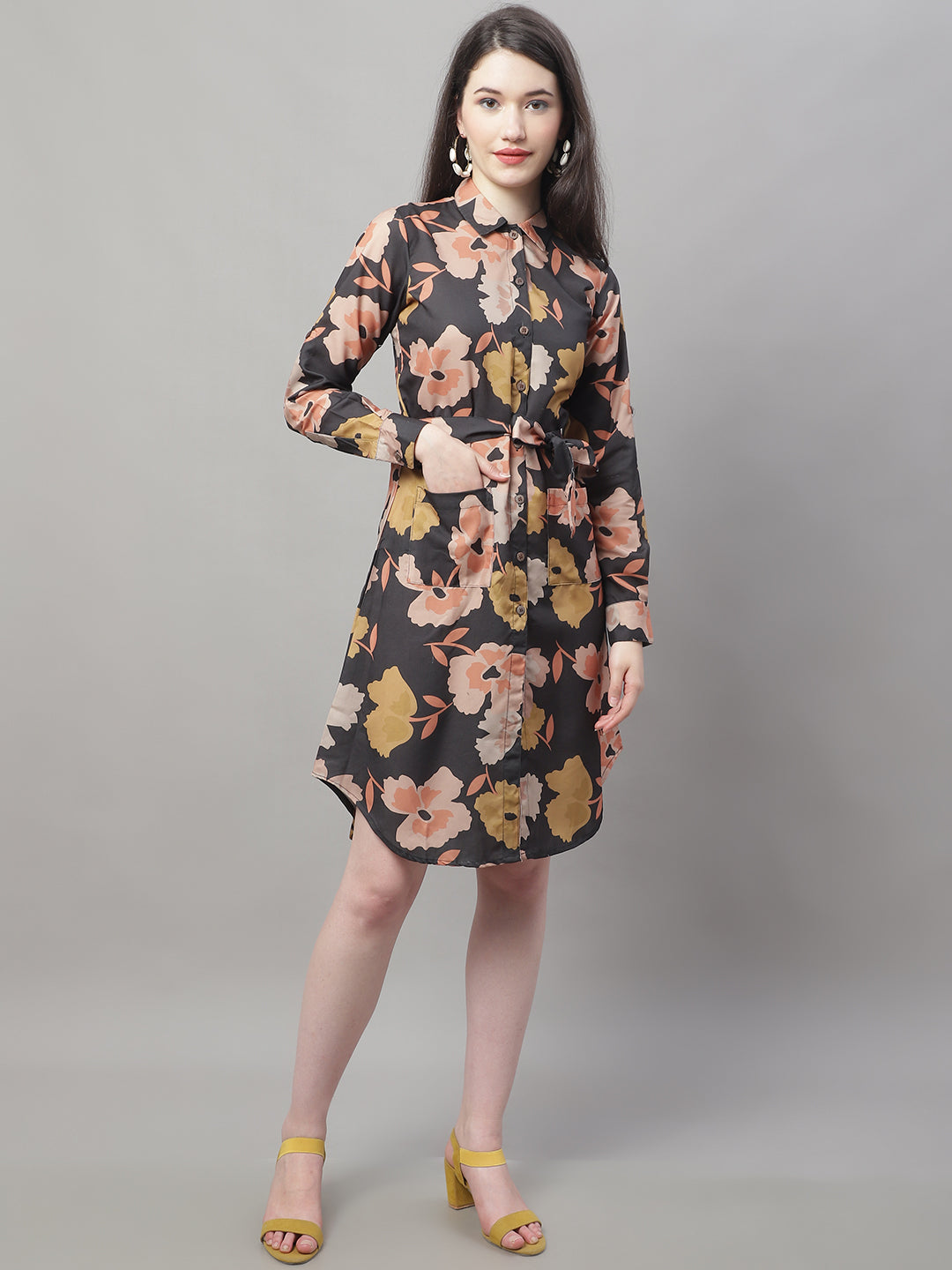 Women Black Printed A-Line Dresses With Belt