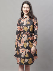 Women Black Printed A-Line Dresses With Belt