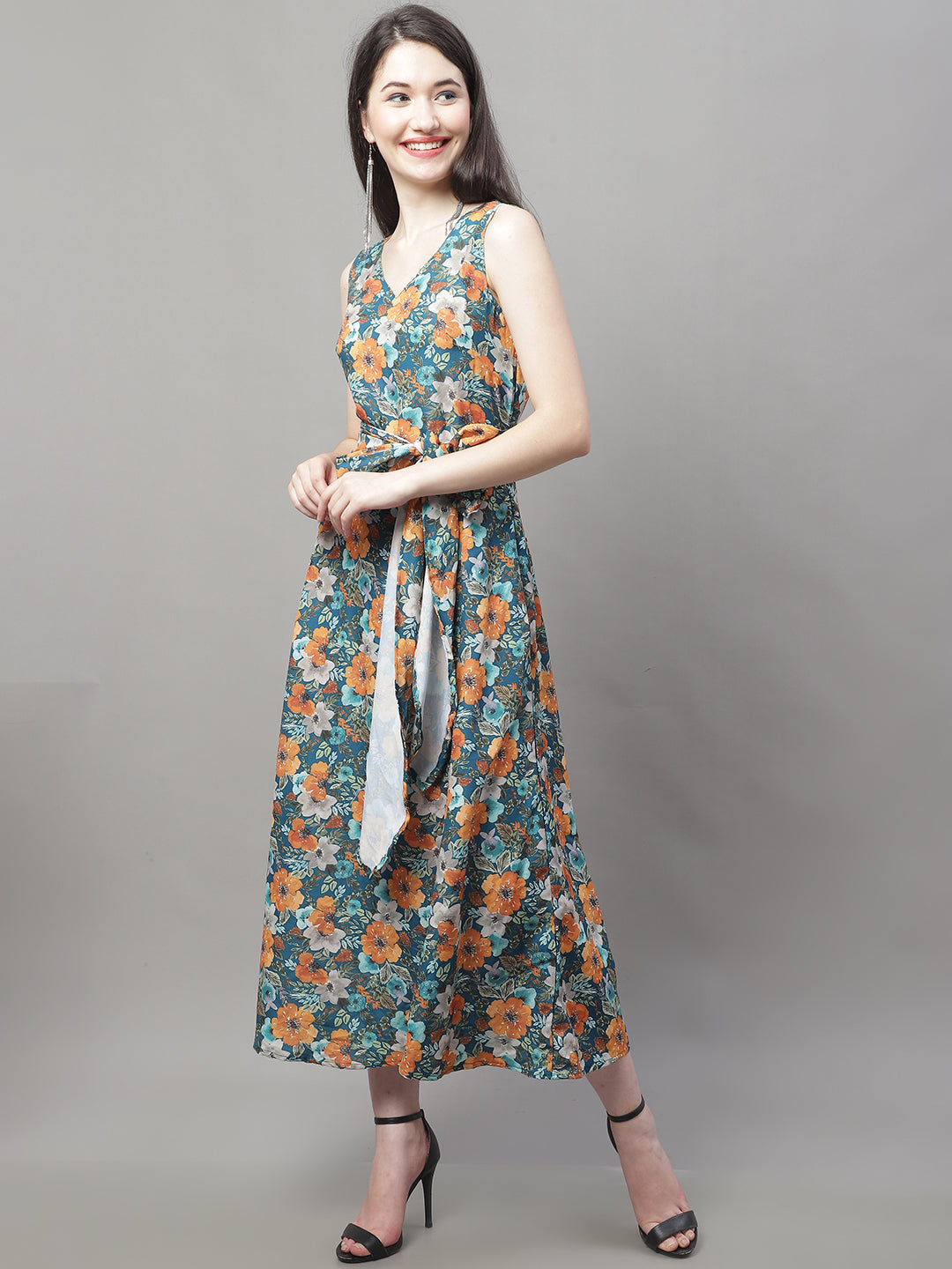 Women Teal Blue Printed A-Line Dresses