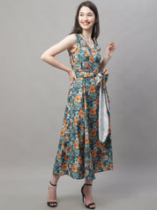 Women Teal Blue Printed A-Line Dresses