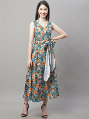 Women Teal Blue Printed A-Line Dresses