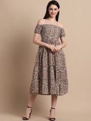 Women's Brown Printed off-Shoulder Dress