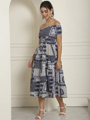 Women's Navy Blue Printed off-Shoulder Dress