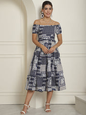 Women's Navy Blue Printed off-Shoulder Dress