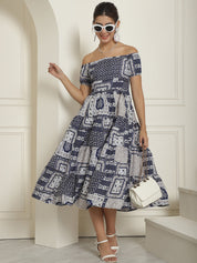 Women's Navy Blue Printed off-Shoulder Dress