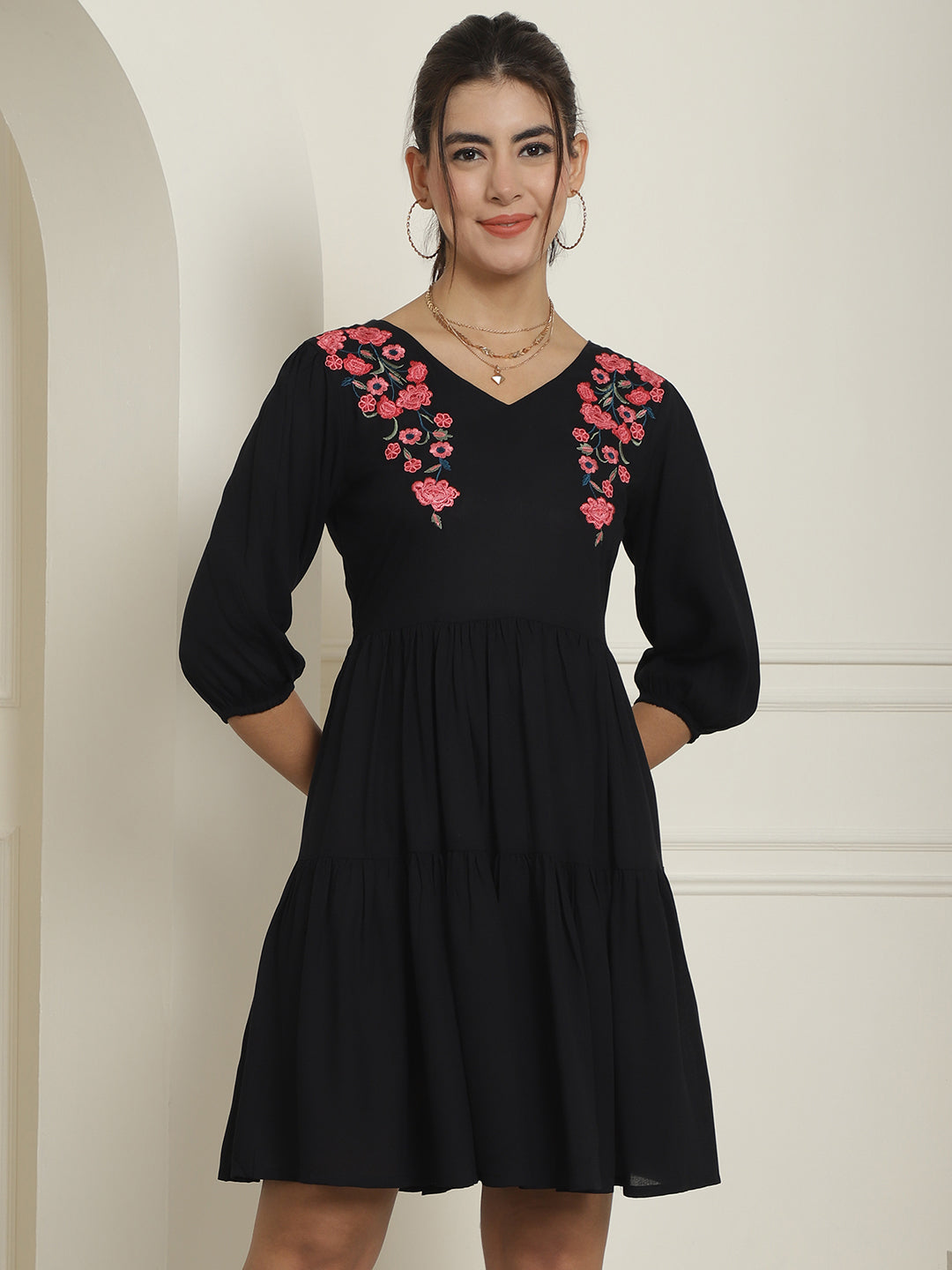 Women's Black Floral Embroidered A-line Dress