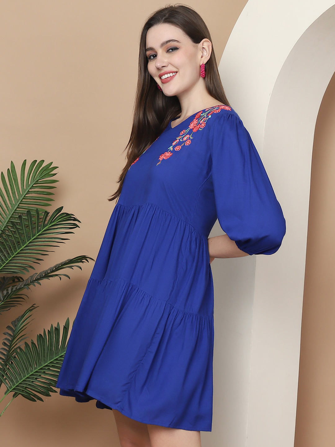 Women's Royal Blue Floral Embroidered A-line Dress