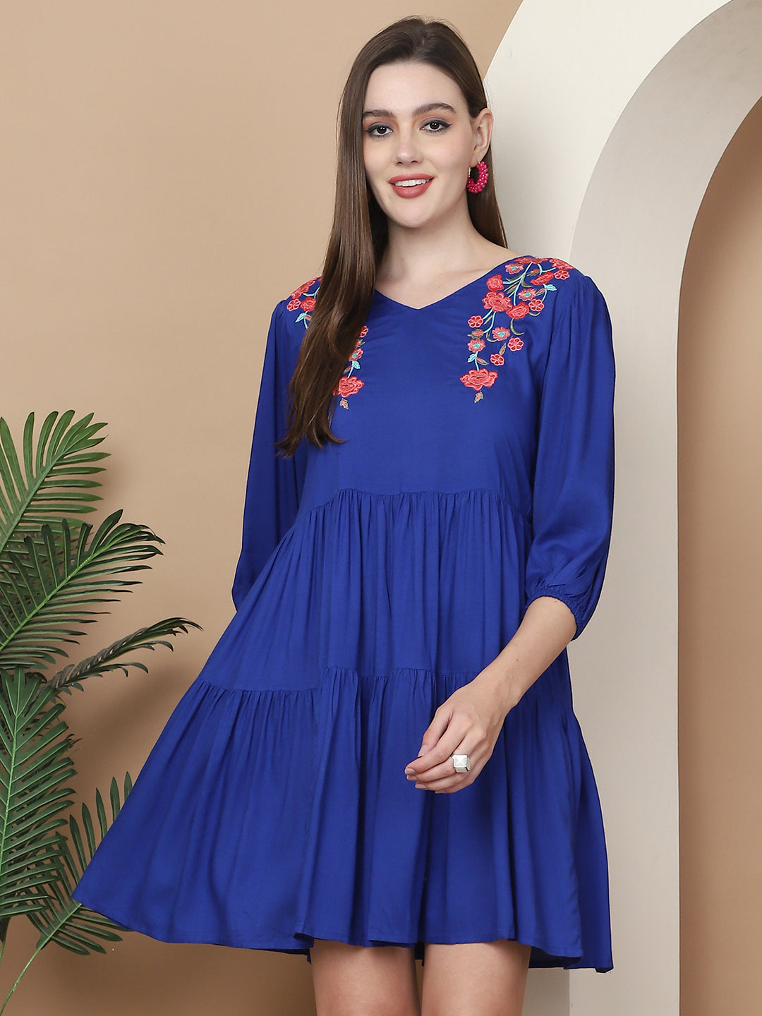 Women's Royal Blue Floral Embroidered A-line Dress