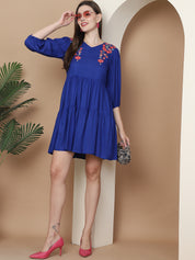 Women's Royal Blue Floral Embroidered A-line Dress