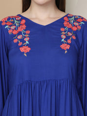 Women's Royal Blue Floral Embroidered A-line Dress