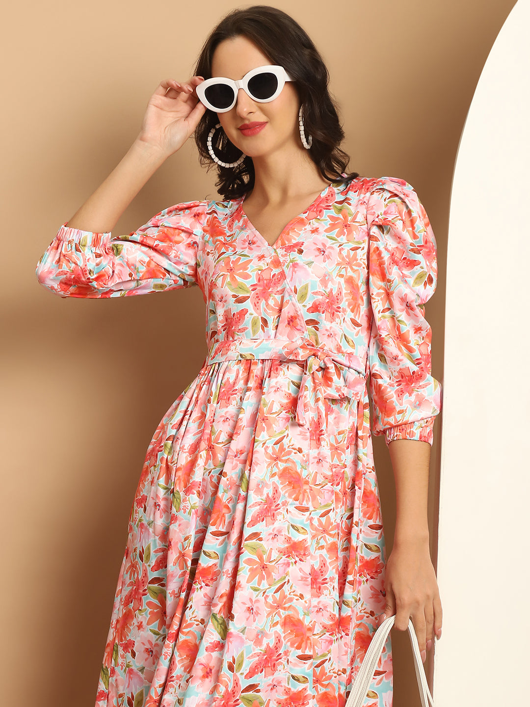 Women's Floral Printed A-line Dress With Belt