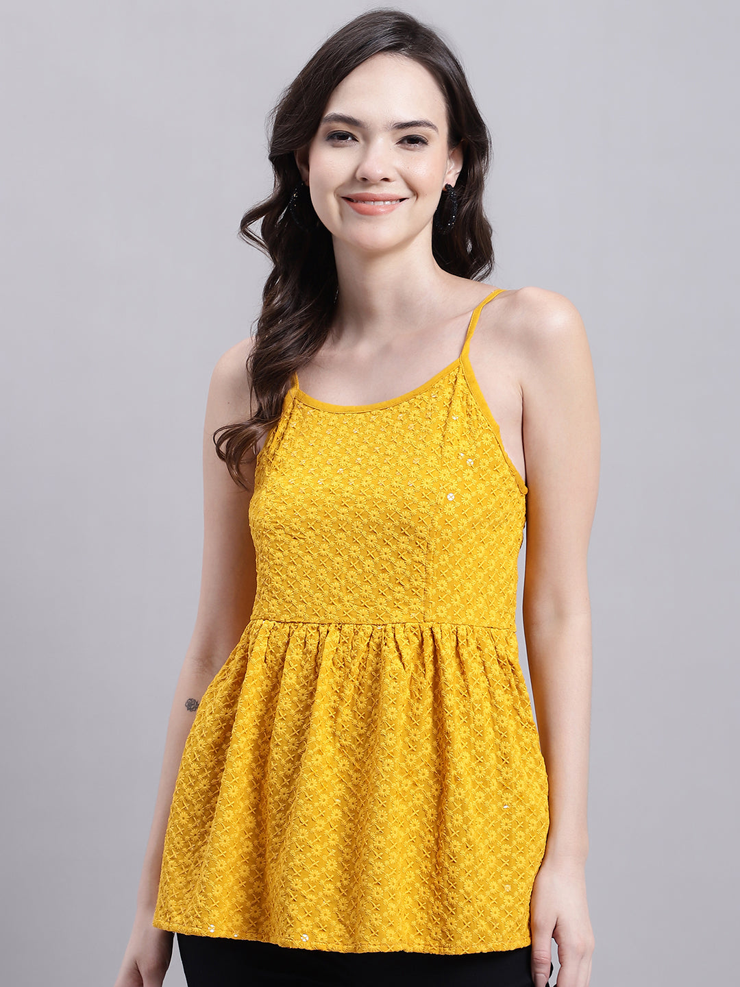 Women's Mustard Chikankari Sequen Work Empire Top