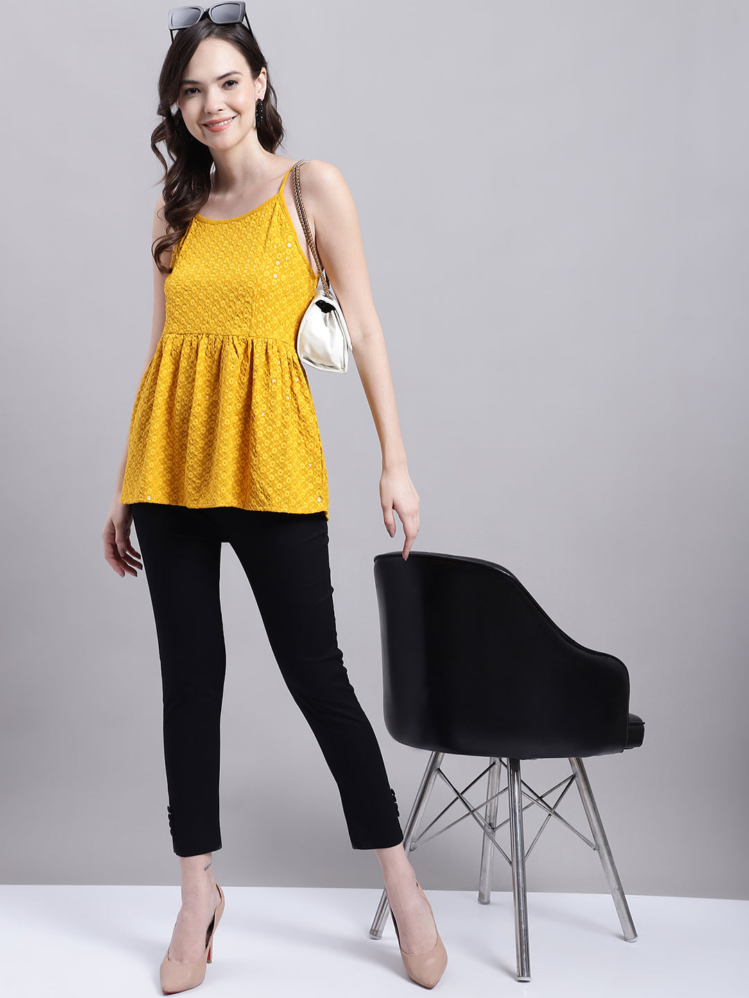 Women's Mustard Chikankari Sequen Work Empire Top