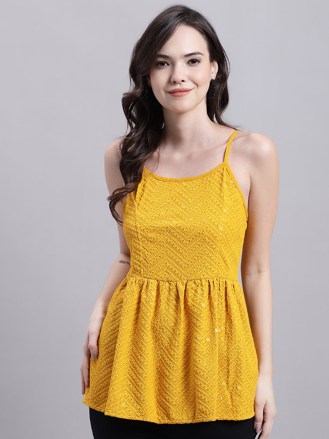 Women's Mustard Chikankari Sequen Work Empire Top