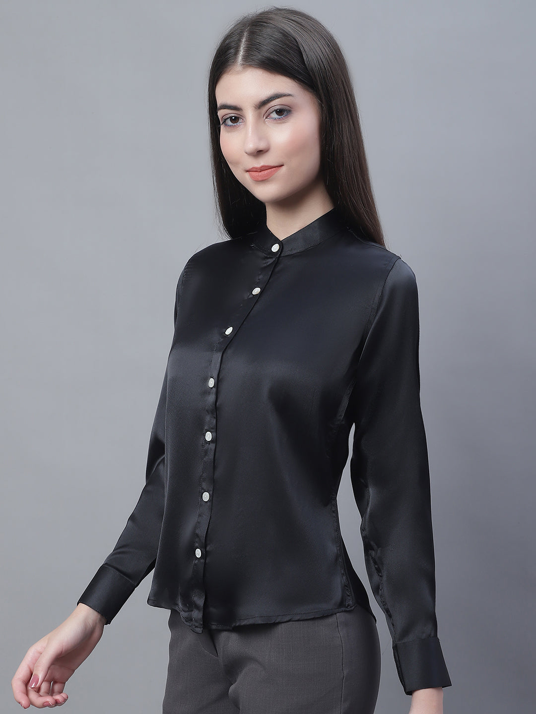 Women Black Solid Shirt Style Top