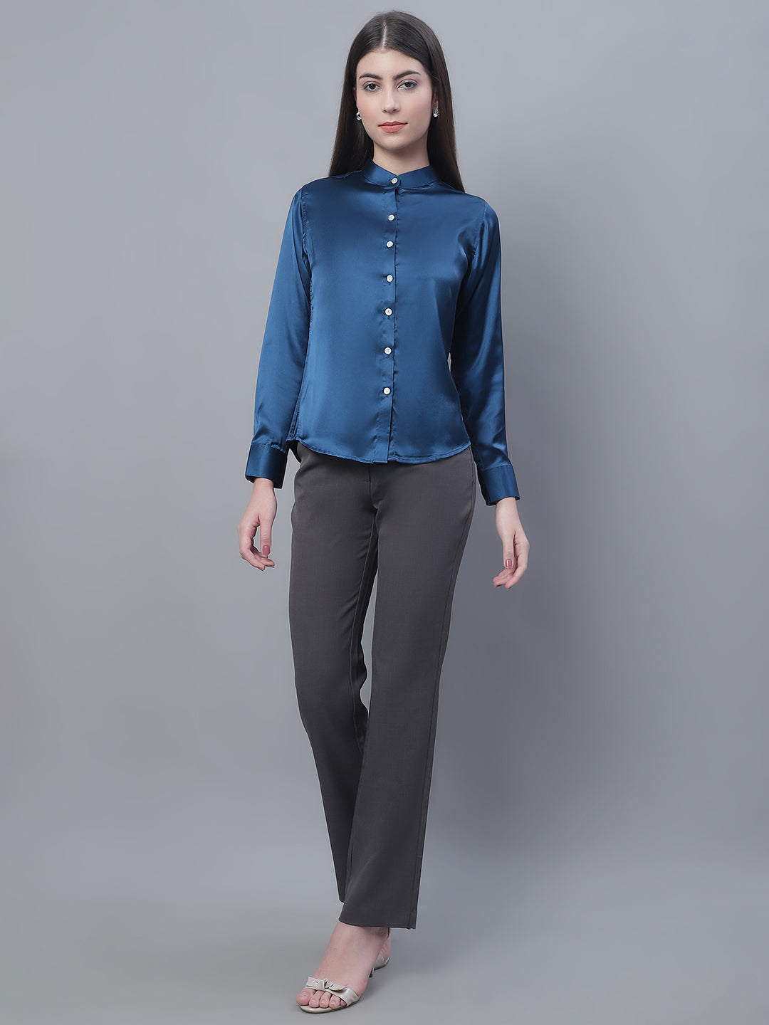 Women Blue Solid Shirt Style Top