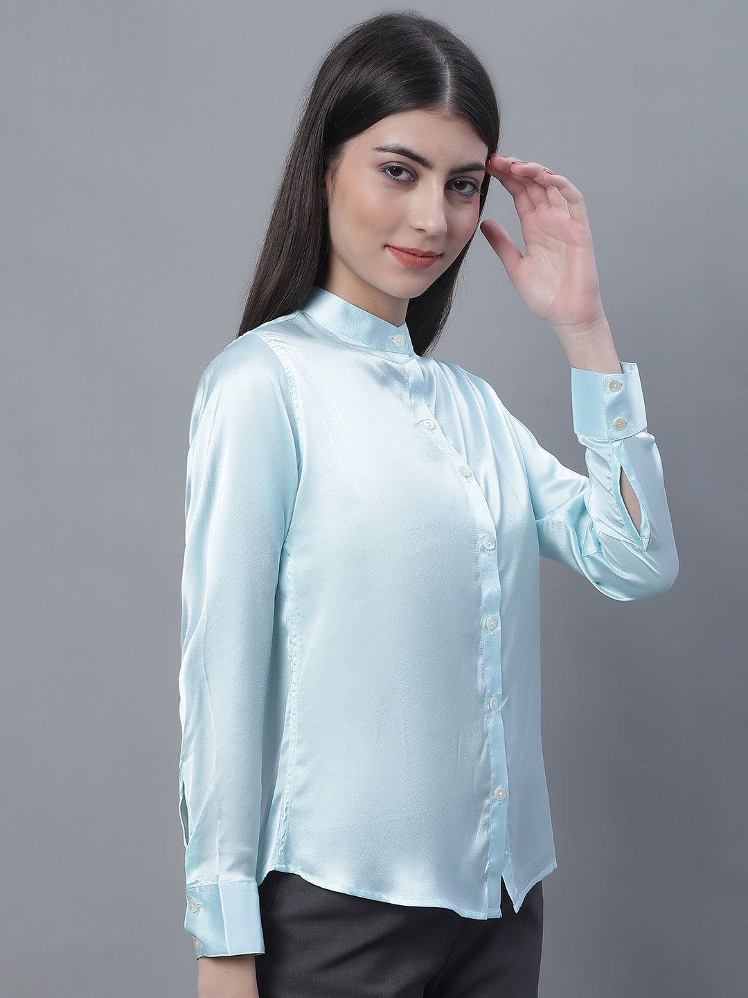 Women Sky Blue Solid Shirt Style Top