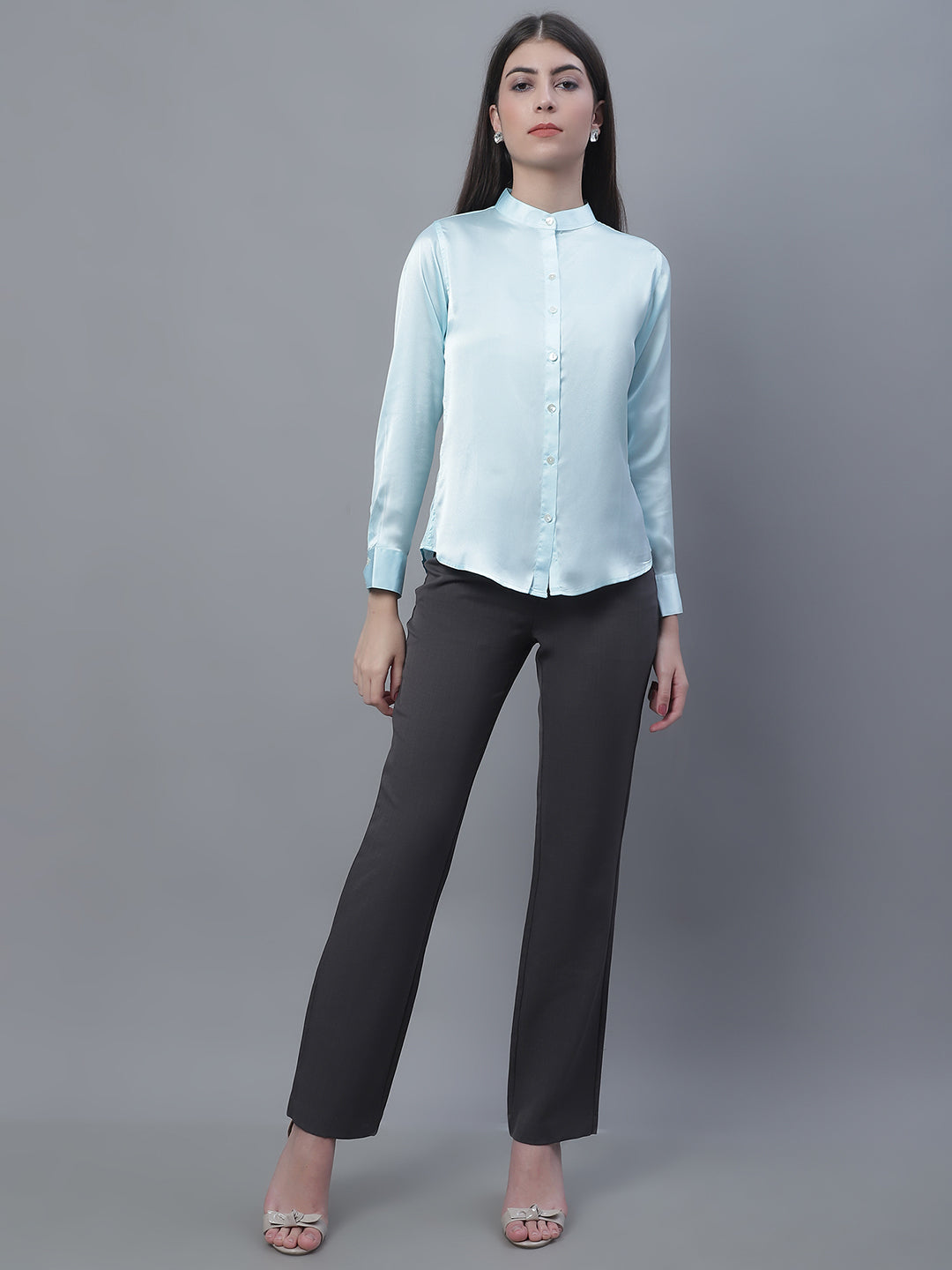 Women Sky Blue Solid Shirt Style Top