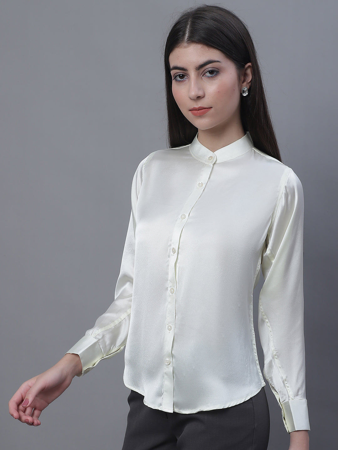 Women White Solid Shirt Style Top