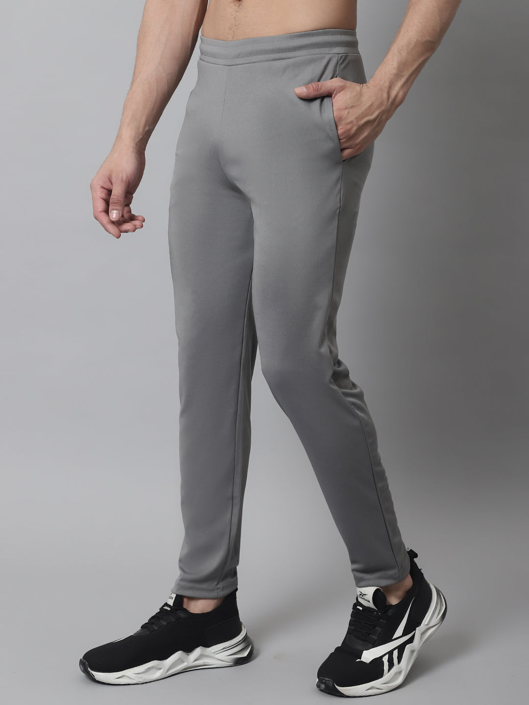 Indian Needle Men's Grey Solid Streachable Lycra Trackpants - Back View
