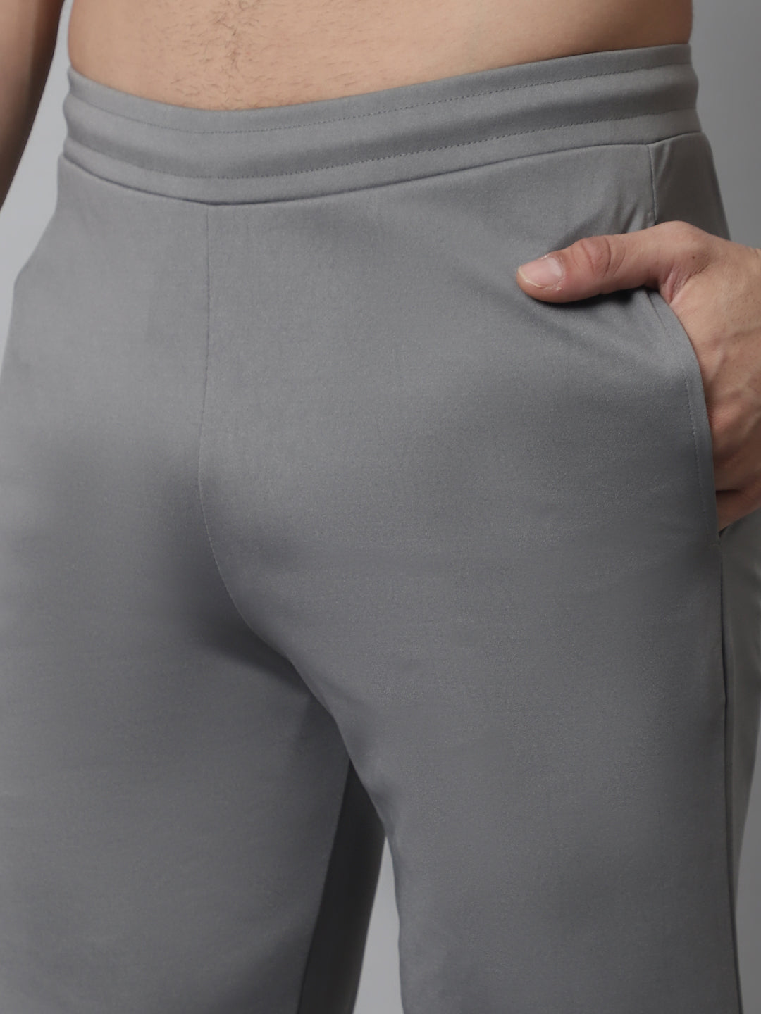 Indian Needle Men's Grey Solid Streachable Lycra Trackpants - Detail View