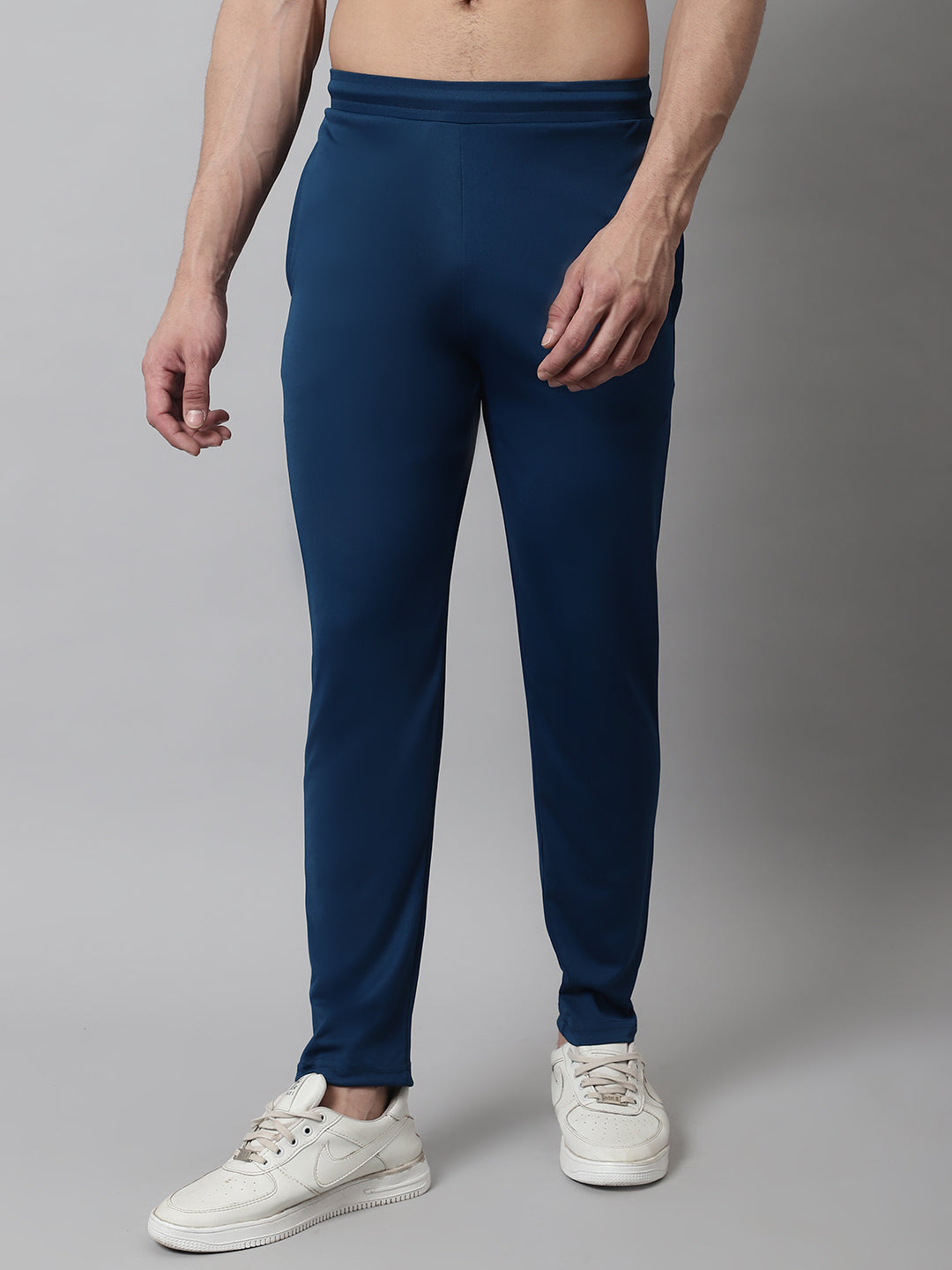 Indian Needle Men's Blue Solid Streachable Lycra Trackpants - Front View