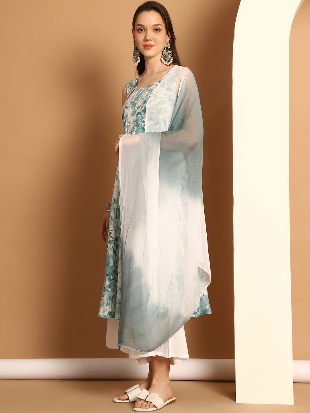 Women Teal Printed Kurta with Palazzos & With Ombre Dupatta