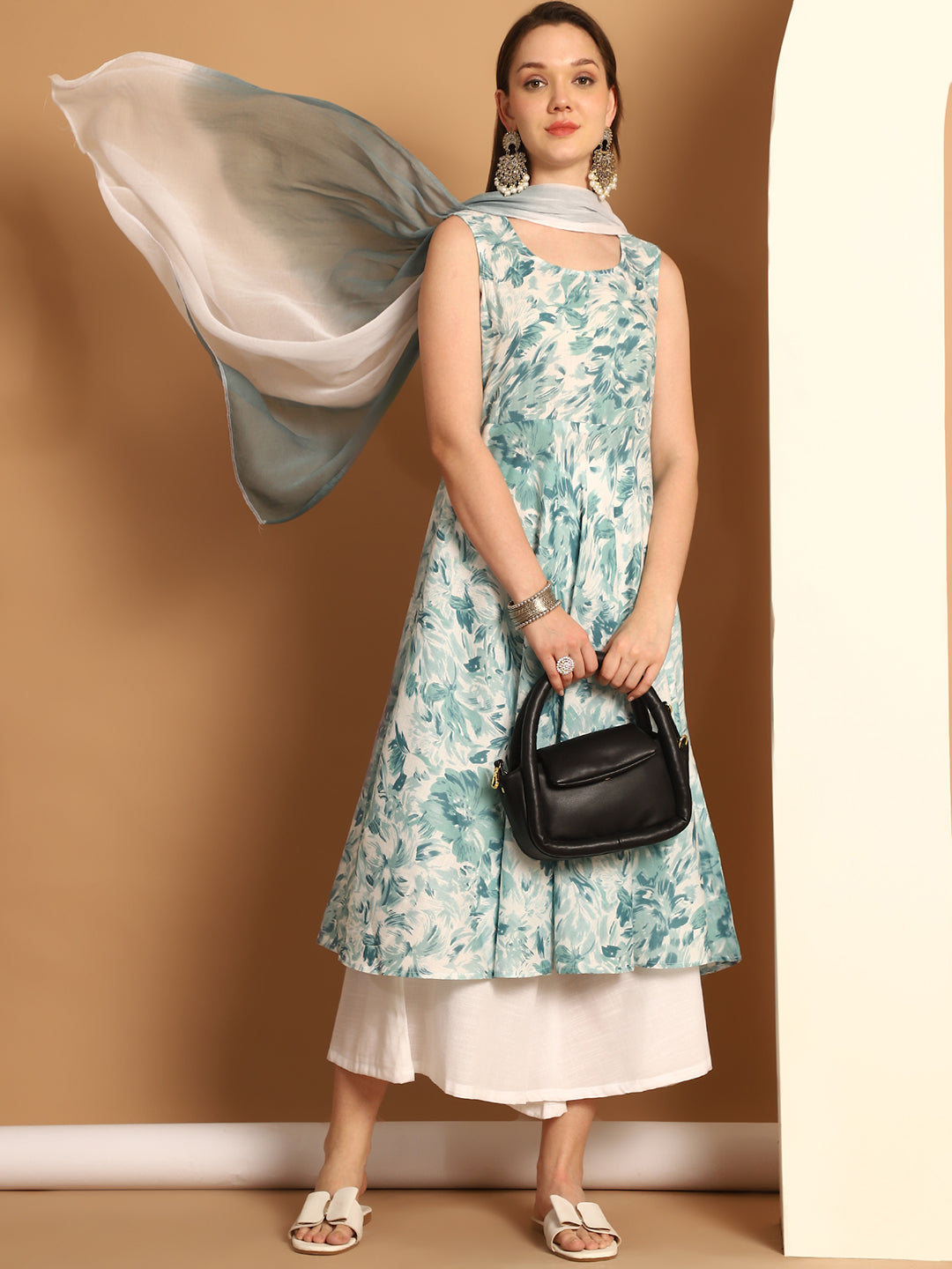 Women Teal Printed Kurta with Palazzos & With Ombre Dupatta