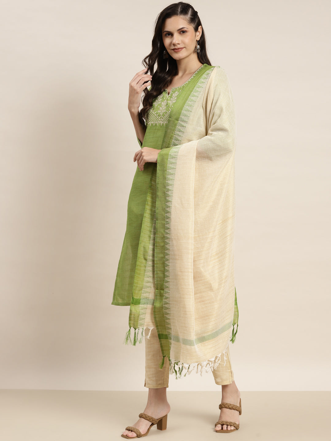 Yoke Design Cotton Women Silk Kurta with Trousers & Dupatta