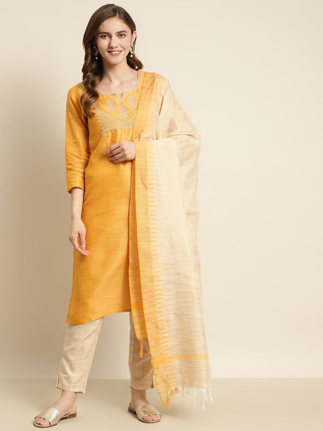 Yoke Design Cotton Women Silk Kurta with Trousers & Dupatta