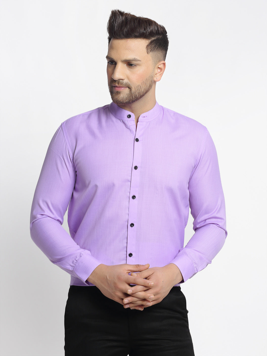 Indian Needle Purple Men's Cotton Solid Mandarin Collar Formal Shirts