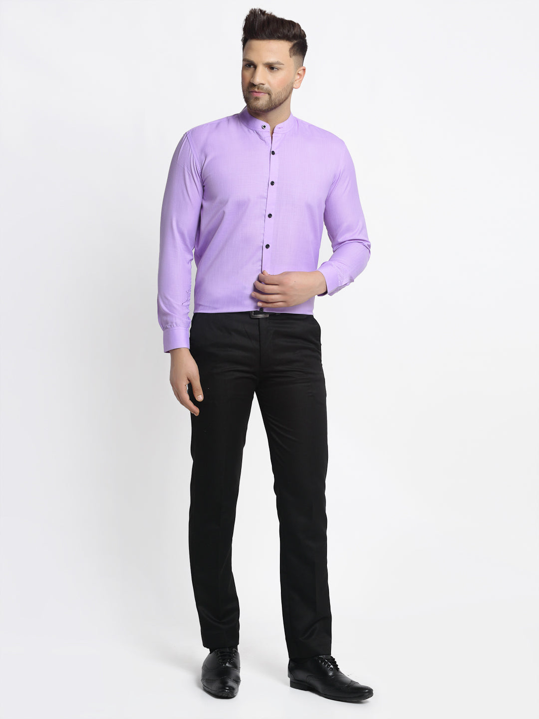 Indian Needle Purple Men's Cotton Solid Mandarin Collar Formal Shirts