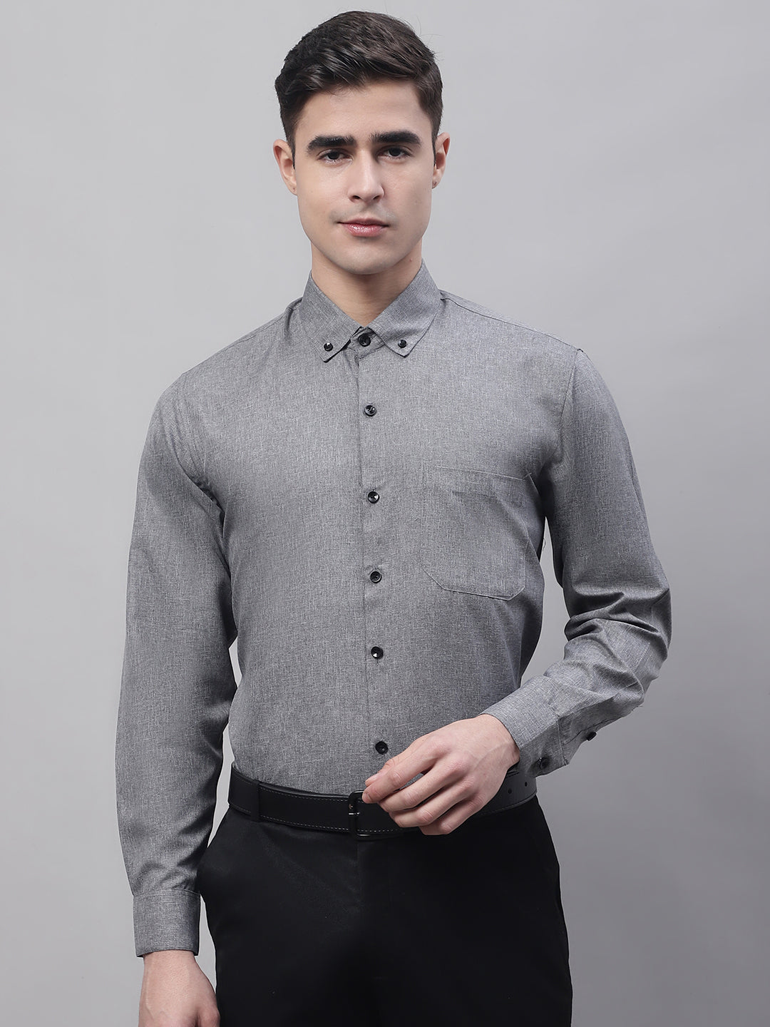 Men's Dark-Grey Cotton Solid Formal Shirt