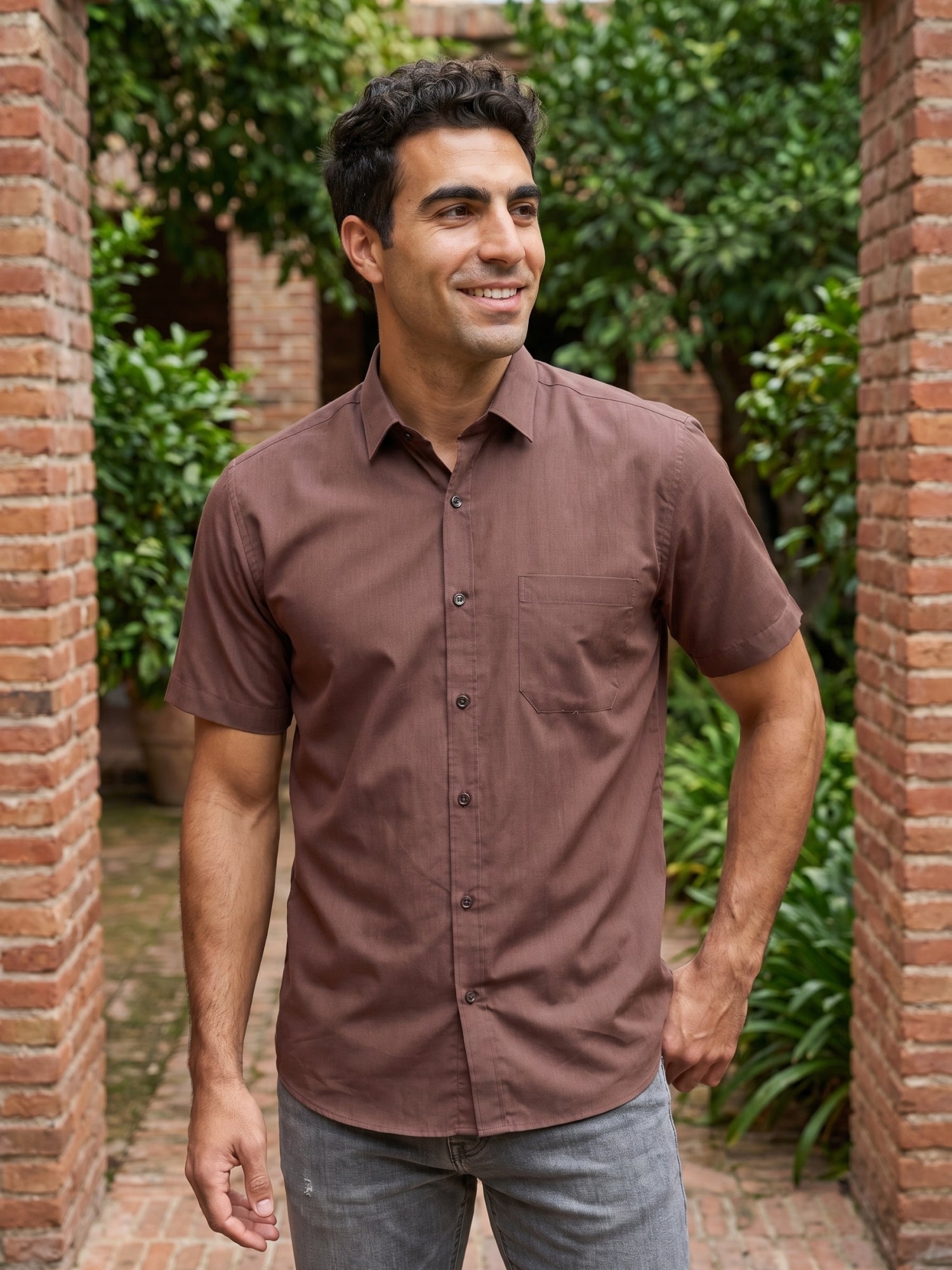 Coffee Brown Cotton Solid Casual Shirts