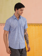 Blue Cotton Casual Shirt For Men