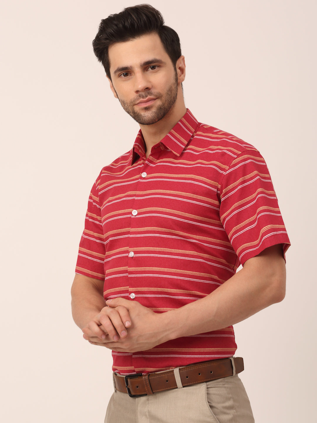 Indian Needle Men's Cotton Striped Half Sleeve Formal Shirts