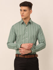 Men Green & White Classic Striped Formal Shirt