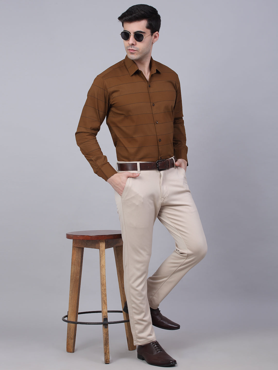 Men's Brown Horizontal Striped Formal Shirt
