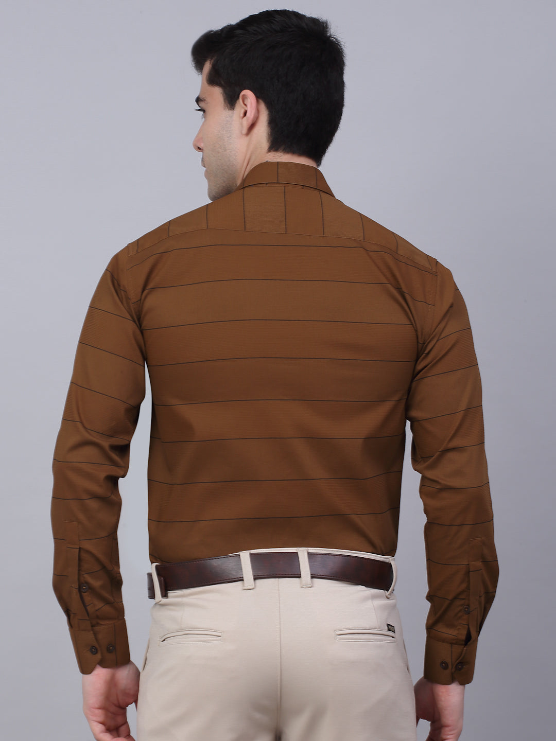 Men's Brown Horizontal Striped Formal Shirt