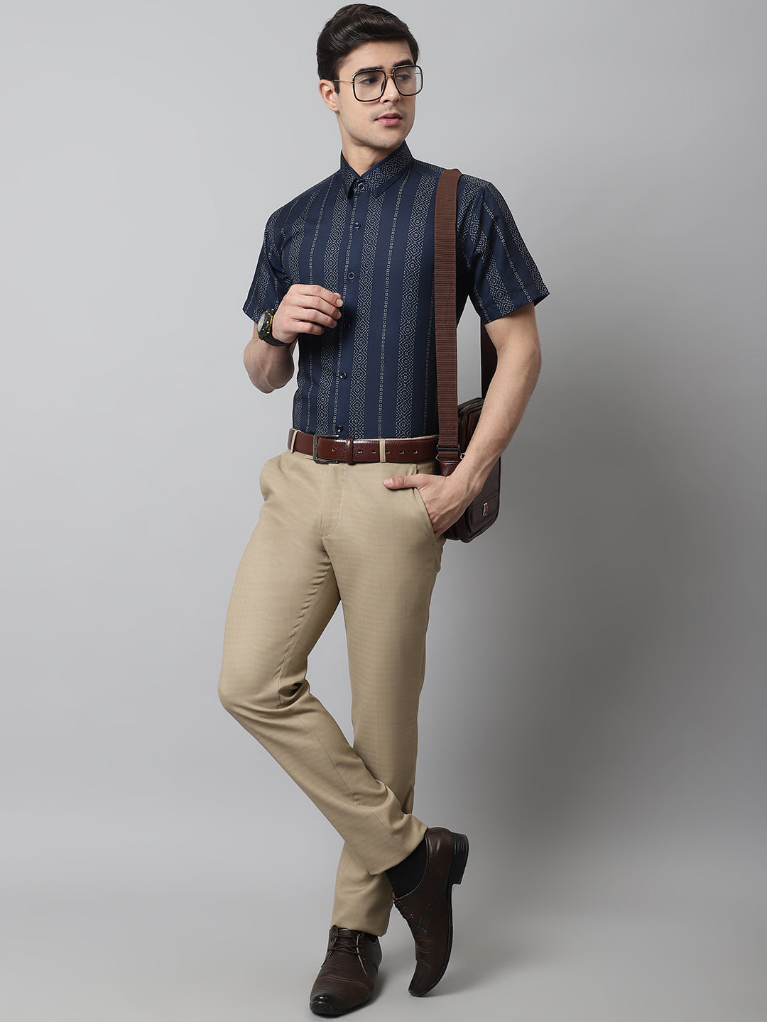 Men Navy Blue Classic Printed Formal Shirt