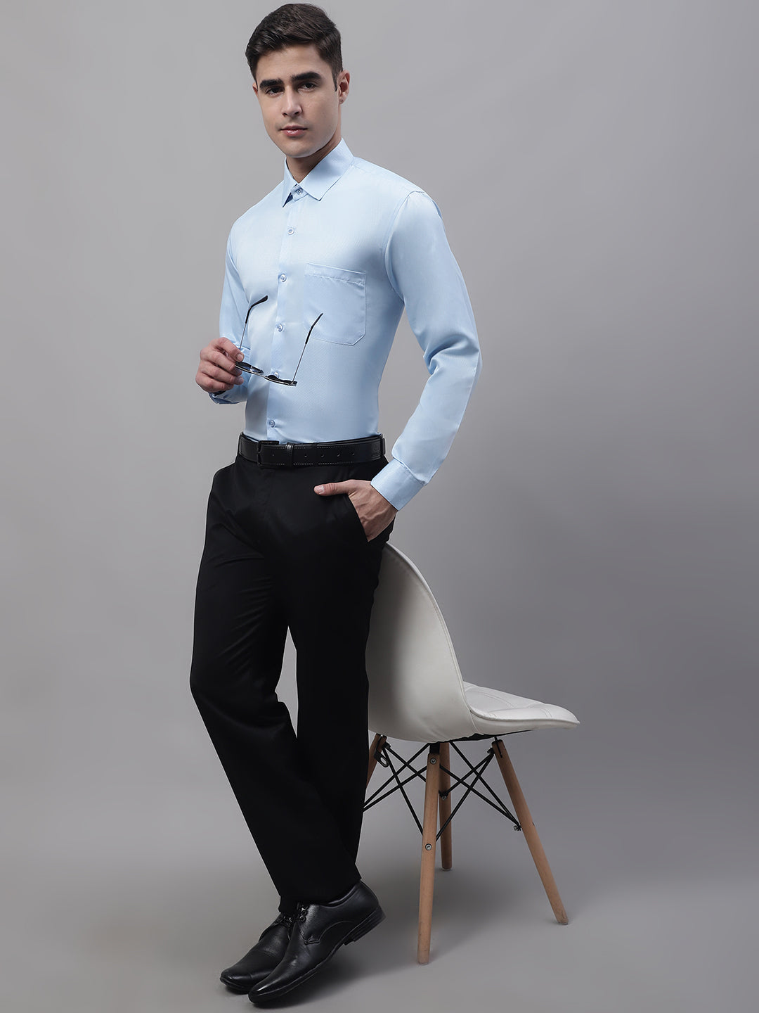 Men's Light-Blue Dobby Textured Formal Shirt