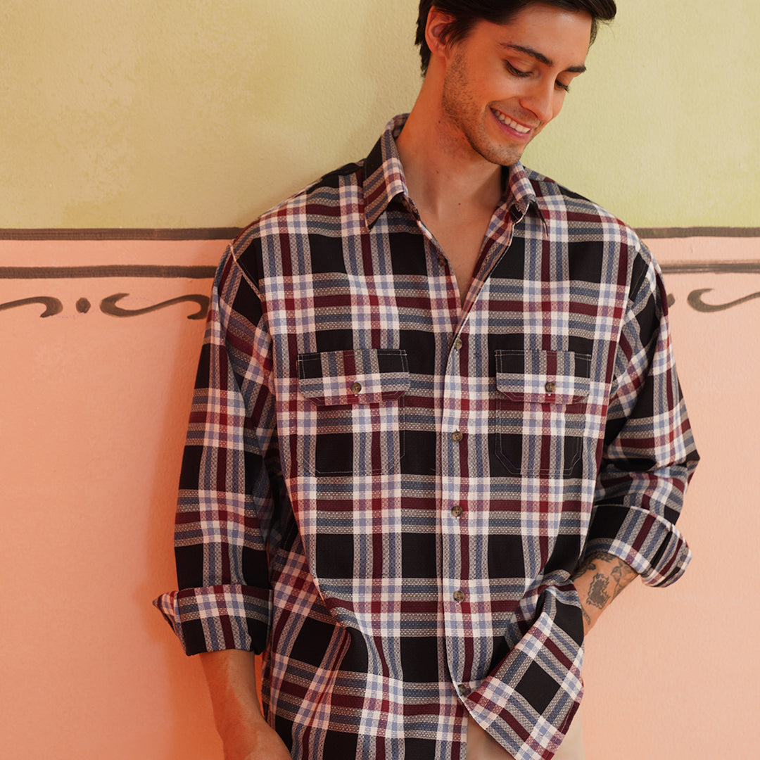 Indian Needle Oversized Checked Casual Shirt for Men in Black - Front View