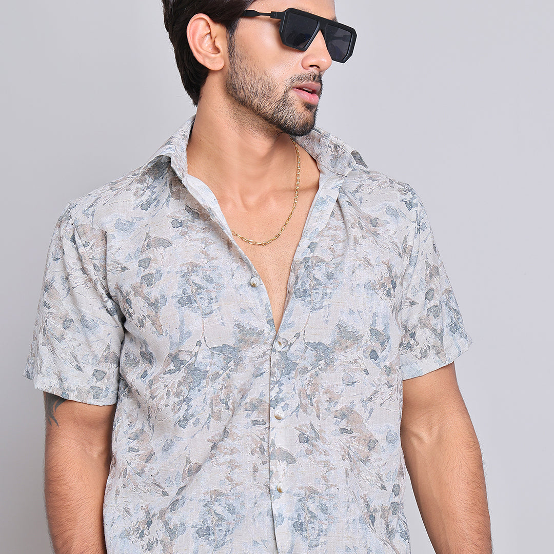 Indian Needle Cotton Printed Half sleeve Shirts. in Beige - Front View