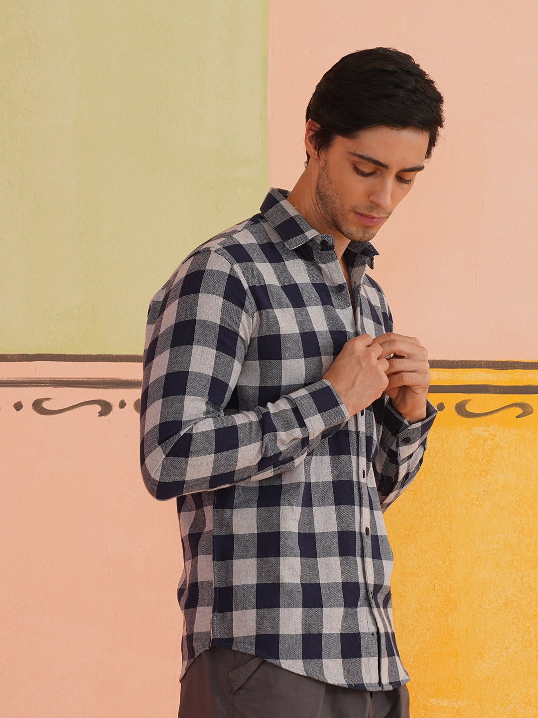 Blue & Cream-Coloured Checked Casual Shirt