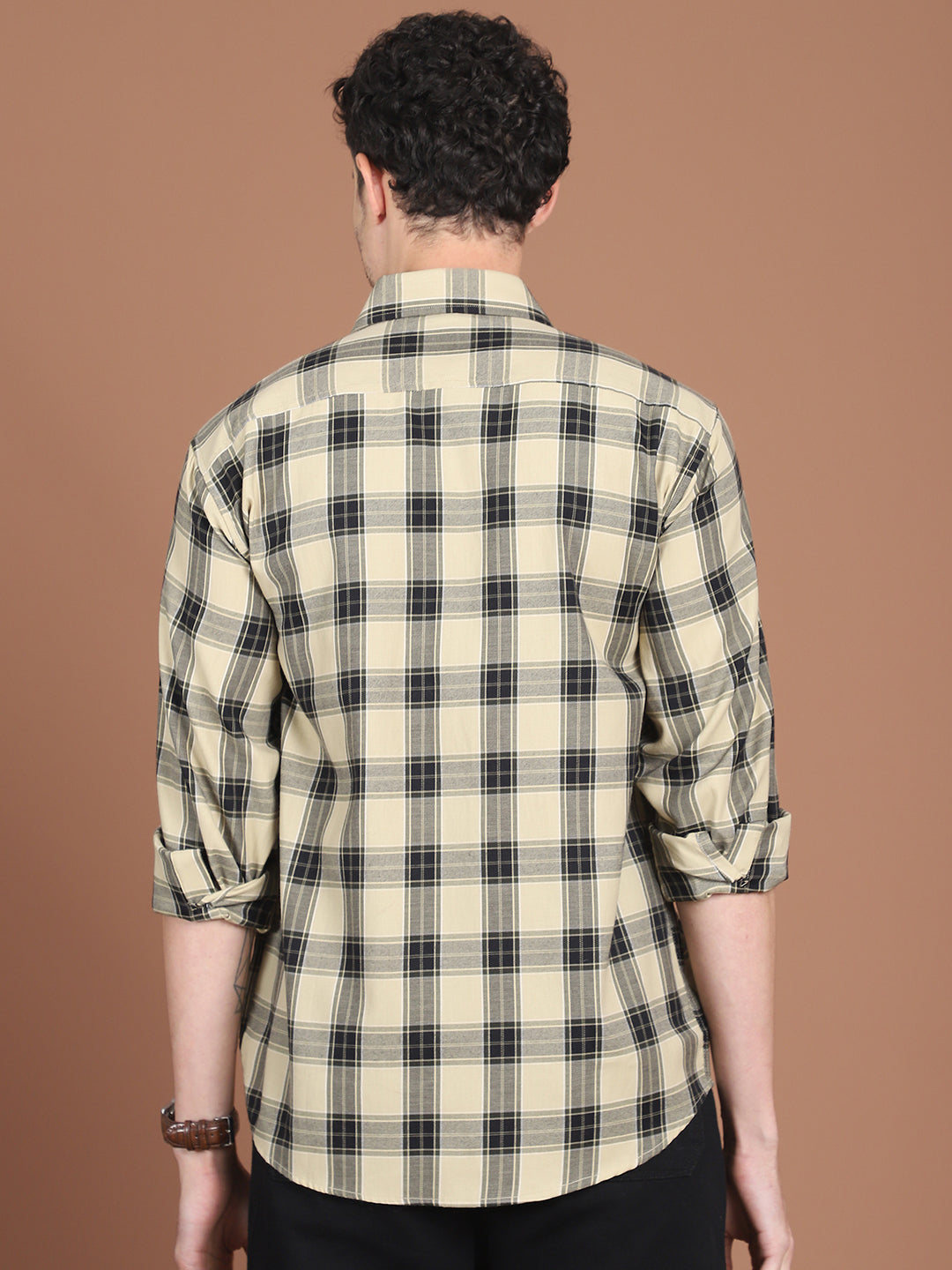 Back View - Beige Cotton Shirt for Men
