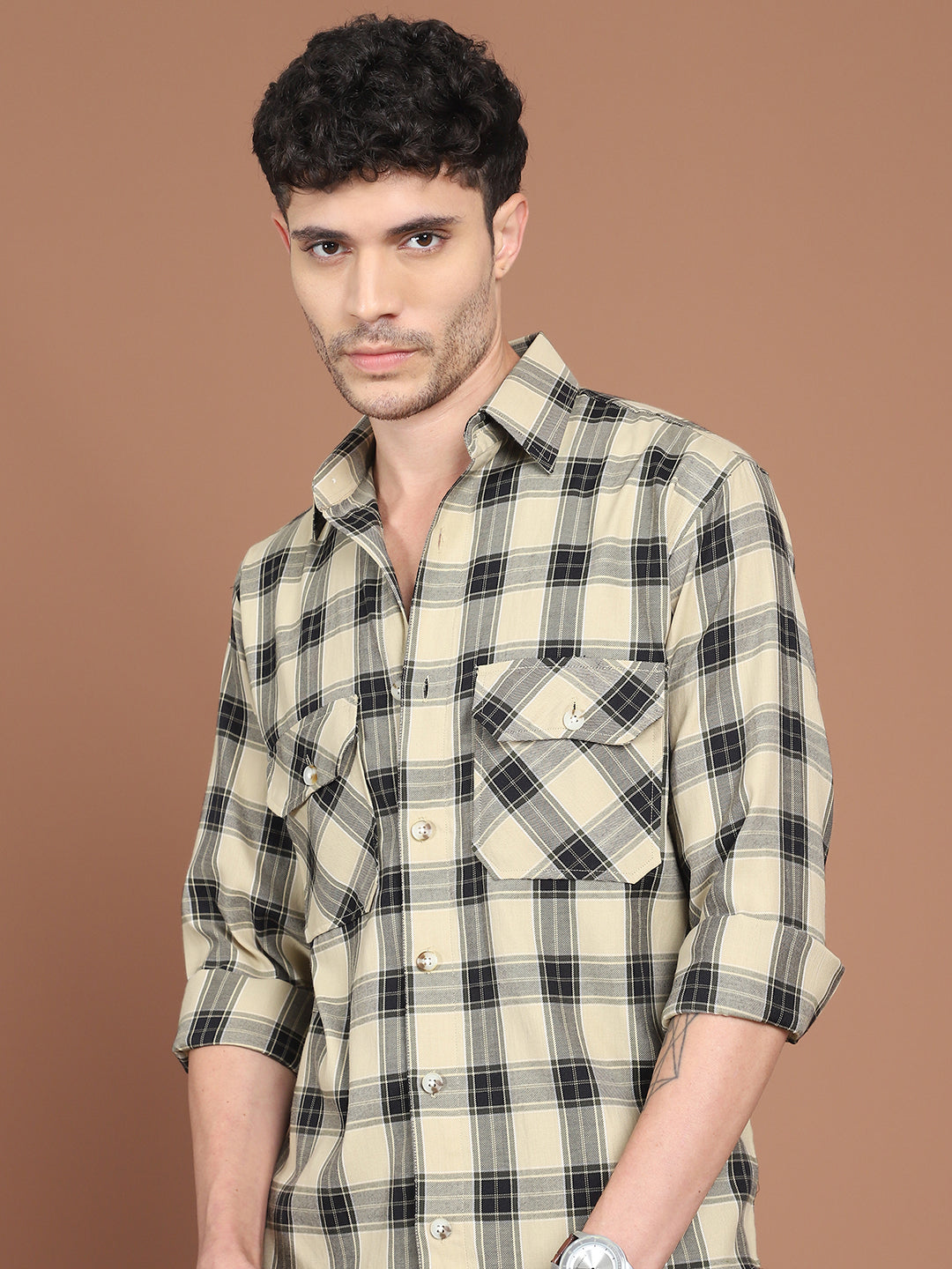 Premium 70% Cotton 30% Polyester Fabric - Beige Shirt Detail