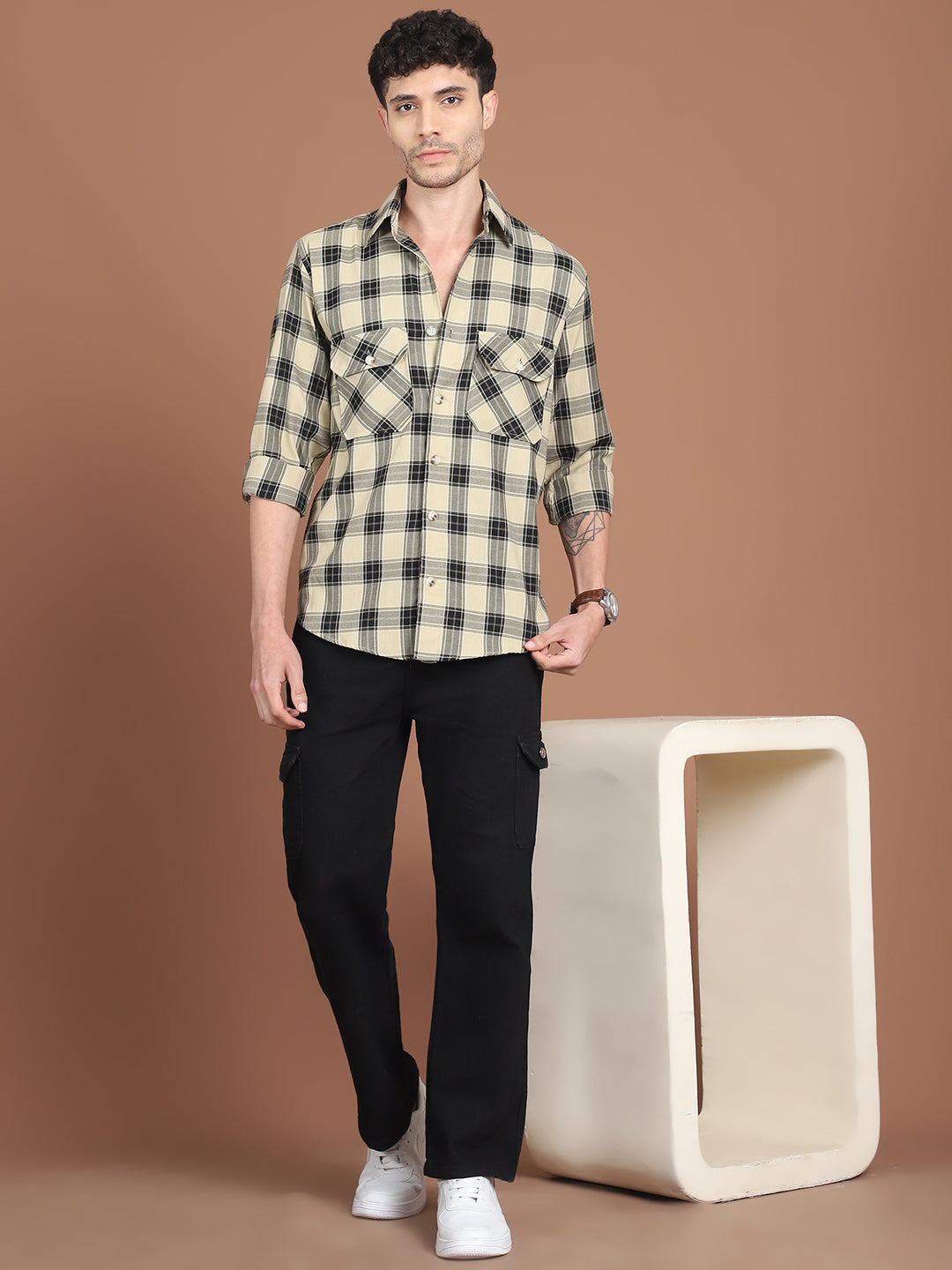 Button Detail - Beige Checked Men's Shirt