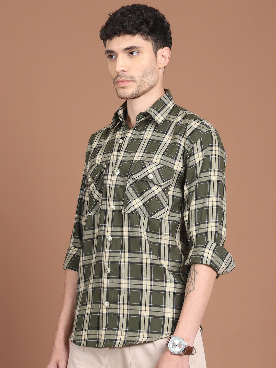 Olive Cotton Shirt Side View - Spread Collar Detail