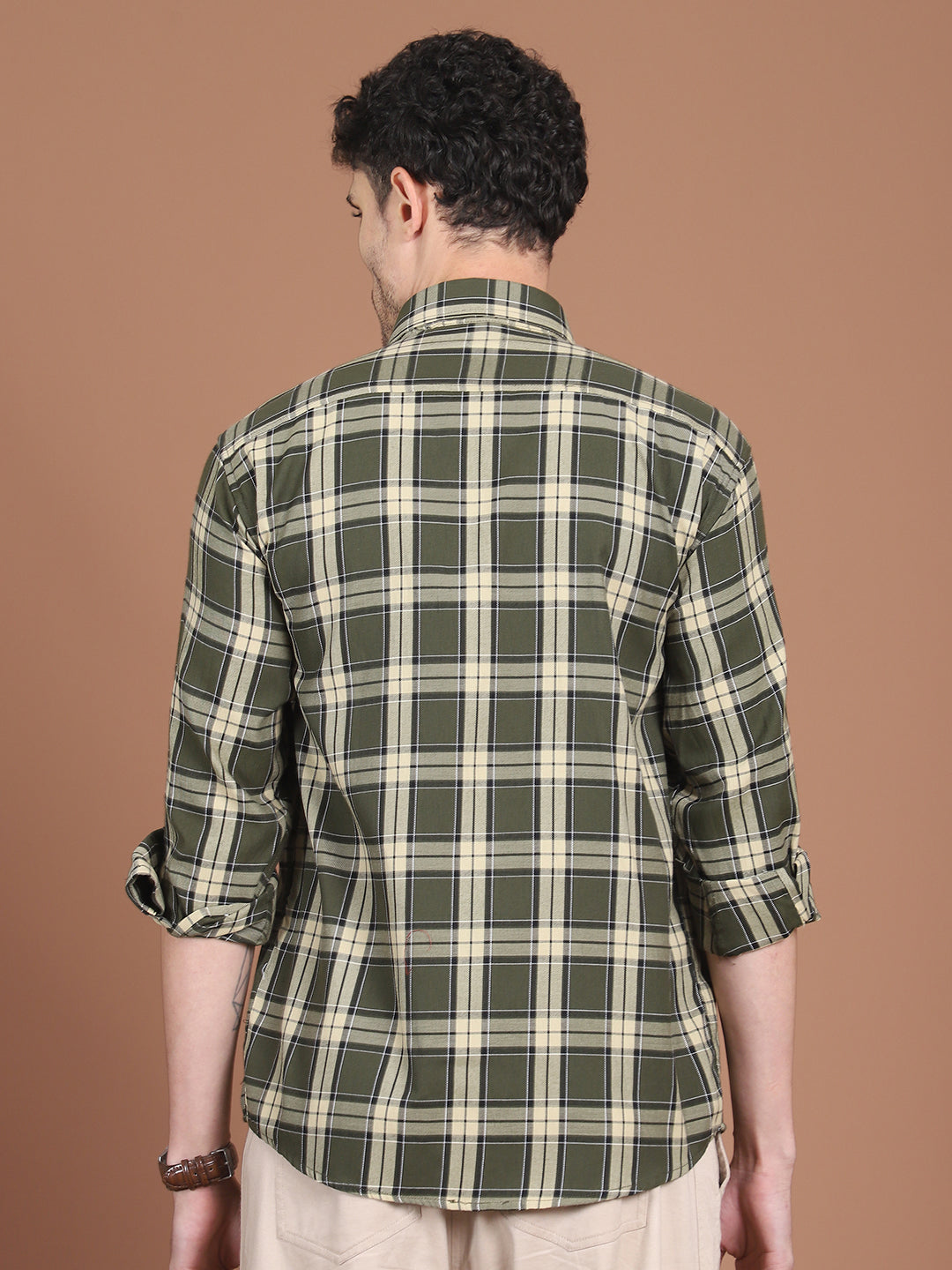 Olive Checked Shirt Back View - Clean Finish